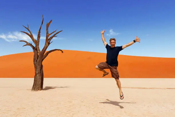 People Sossusvlei nature Namibia red desert dunes landscape tree jump