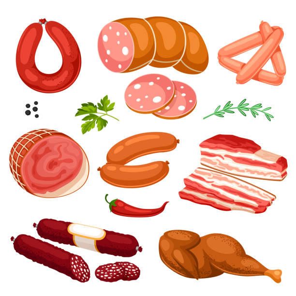 stockillustraties, clipart, cartoons en iconen met set van vleesproducten. illustratie van de worst, bacon en ham - rookworst