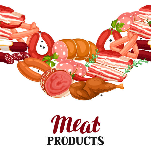stockillustraties, clipart, cartoons en iconen met naadloze patroon met vleesproducten. illustratie van de worst, bacon en ham - rookworst