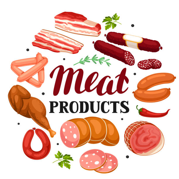 stockillustraties, clipart, cartoons en iconen met achtergrond met vleesproducten. illustratie van de worst, bacon en ham - rookworst