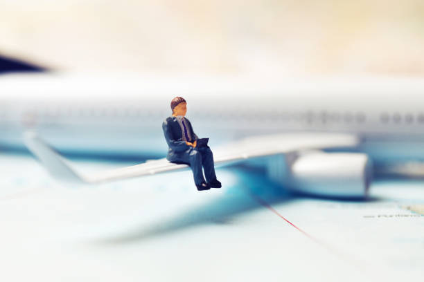 ビジネス旅行コンセプト - 実業家、飛行機の翼の上に座って、ノート パソコンでの作業 - figurine small people businessman ストックフォトと画像