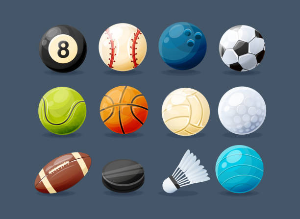 ilustrações, clipart, desenhos animados e ícones de conjunto de equipamento de desporto moderno de diferentes tipos de esportes - tennis ball american football football