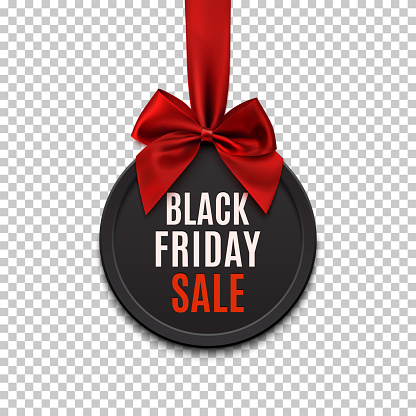 Black Friday sale round banner with red ribbon and bow, on white background. Vector illustration.