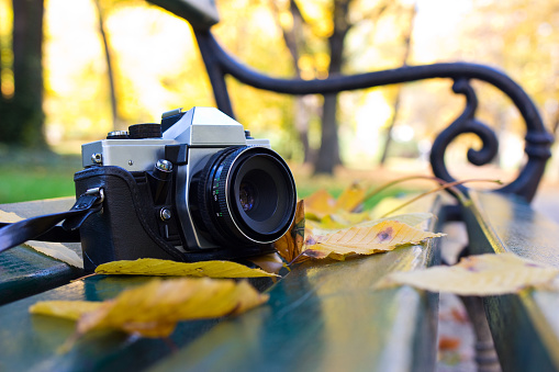 old camera on a bench in autumn park