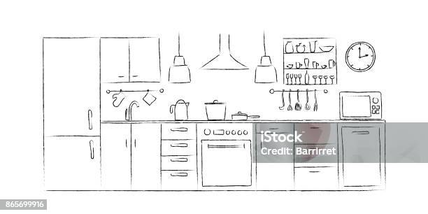 Kitchen Interior Sketches Hand Drawing Front View Stock Illustration - Download Image Now - Kitchen, Plan - Document, Doodle