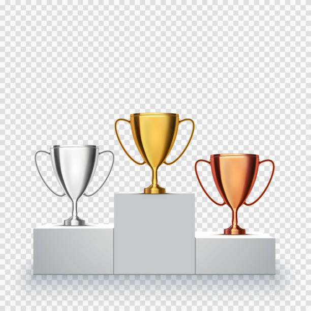 ilustrações, clipart, desenhos animados e ícones de fundo de vencedor. copos de troféu no pódio do prêmio. ilustração vetorial - trophy award vector silver