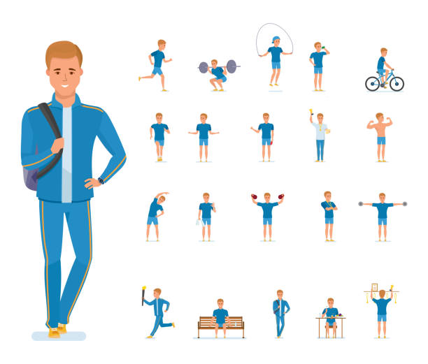 ilustrações de stock, clip art, desenhos animados e ícones de set of character young sportsmen in different situations and poses - olympic athlete muscular build winning