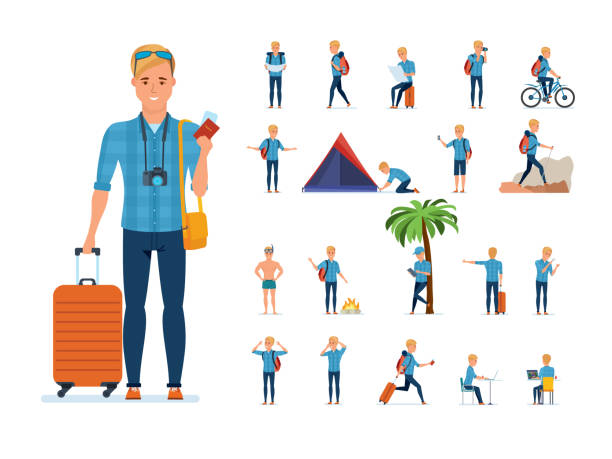 Traveler in situations: gathering, searching for route, bathing, rest, hiking Set of young traveler man. Adventure travel. Summer vacation. Traveler man in various situations: gathering, searching for route, bathing, rest, hiking. Illustration in cartoon style front, rear view falling behind stock illustrations