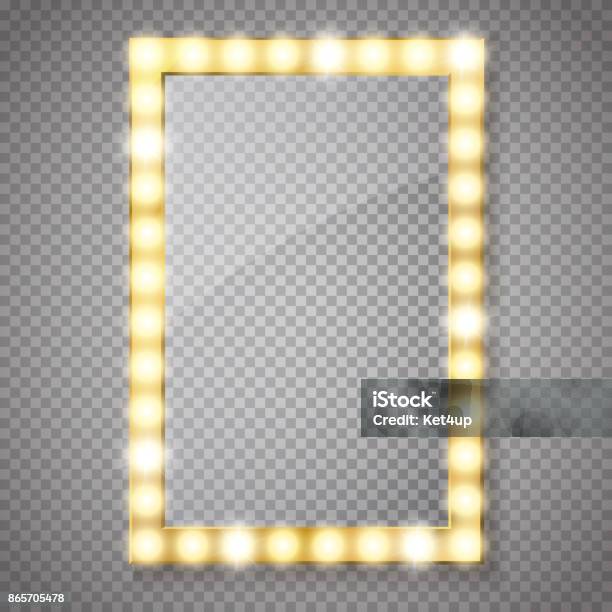 Makeup Mirror Isolated With Gold Lights Vector Stock Illustration - Download Image Now - Mirror - Object, Border - Frame, Light Bulb