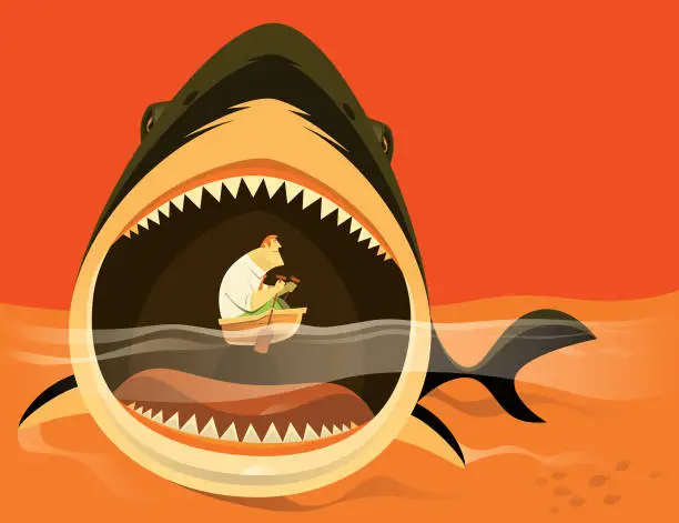 Vector illustration of big shark attacking businessman