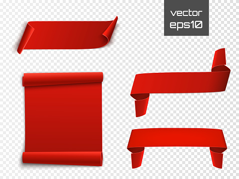 Red curved paper blank banners isolated on transparent background. Vector illustration