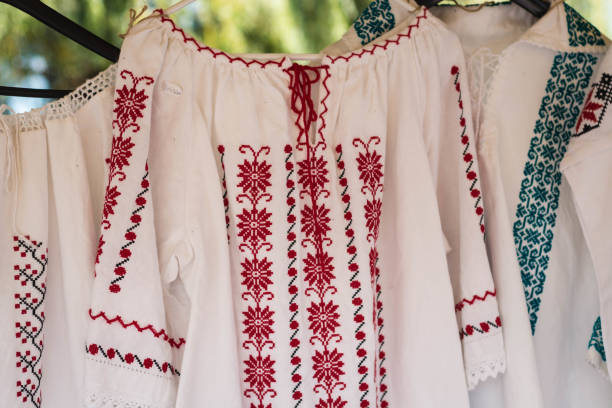 Traditional Romanian popular costume. stock photo