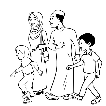 Illustration of Muslim family Waliking, for Happy Muslim family, isolated on white background. Black and White simple line Vector Illustration for Coloring Book - Line Drawn Vector - Vector Hand drawn