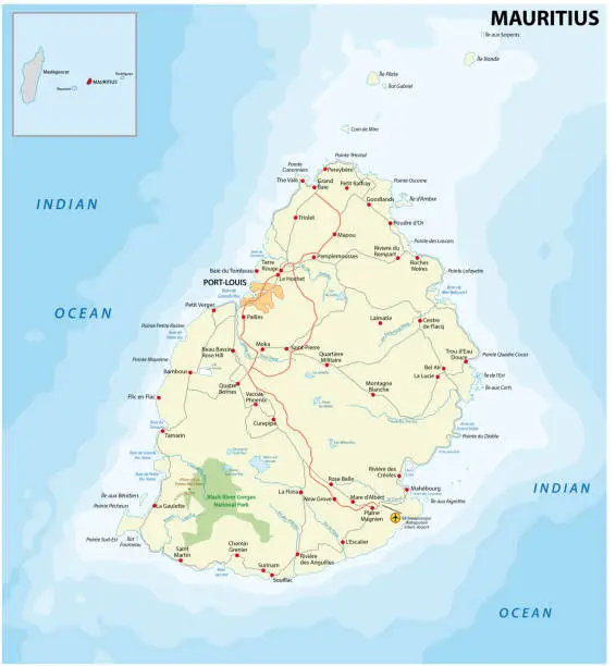 Vector illustration of Vector map of Mauritius with main cities and roads