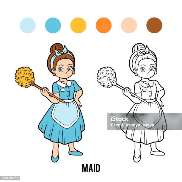 Coloring Book Maid Stock Illustration - Download Image Now - Adult, Apron, Black And White