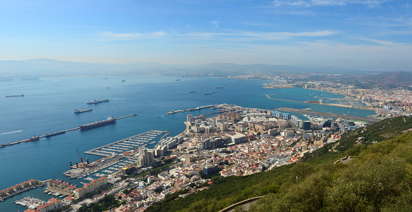 Buildings, the harbor and the Mediterranean Sea viewed from Castell de la Santa Bàrbara on Mount Benacantil.