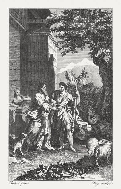 Jacob expostulating on Laban's Deceit (Genesis 29, 25), published 1774 Jacob expostulating on Laban's Deceit (Genesis 29, 25). Copperplate engraving after a painting (before 1737) by Jean Restout the Younger (French painter, 1692 - 1768), published in 1774. lea river stock illustrations