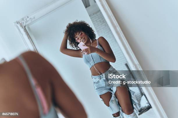 Girl With A Great Style Stock Photo - Download Image Now - Mirror - Object, Selfie, Women