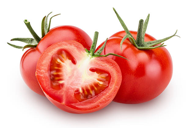 istock Two fresh red tomato and one cut in half with green leaves 865719156
