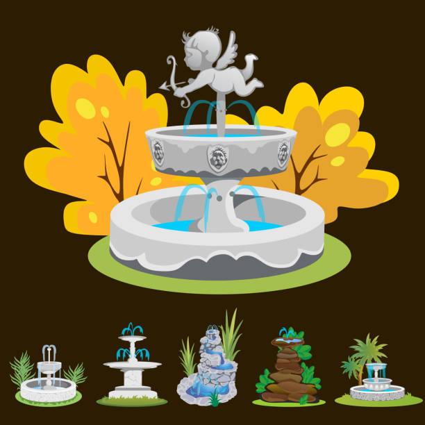 outdoor-brunnen für garten, frühling und sommer pflanzen rund um garten wasserfall, herbst hinterhof dekorative steinstatue vektor-illustration - flower sketch yard front or back yard stock-grafiken, -clipart, -cartoons und -symbole