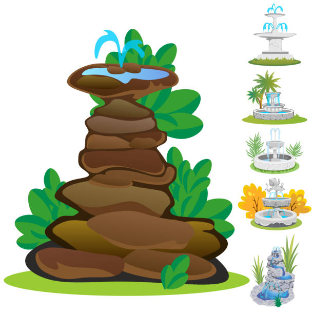 outdoor-brunnen für garten, frühling und sommer pflanzen rund um garten wasserfall, herbst hinterhof dekorative steinstatue vektor-illustration - flower sketch yard front or back yard stock-grafiken, -clipart, -cartoons und -symbole