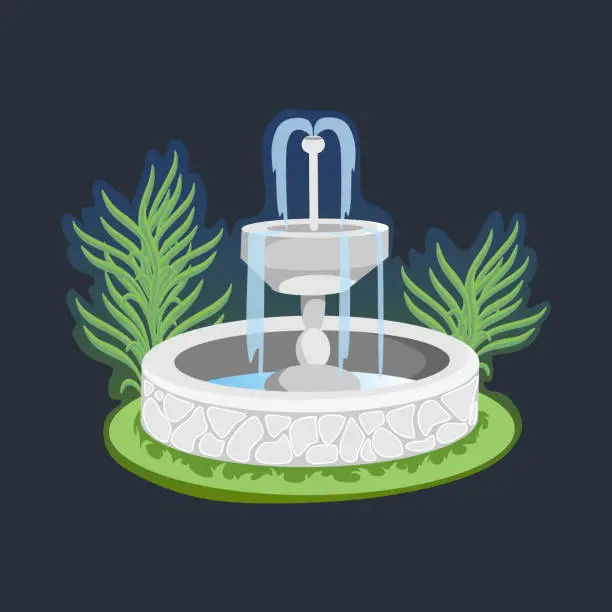 Vector illustration of Part from Set of outdoors fountain for gardening, spring and summer plants around garden waterfall, autumn back yard decorative stone statue vector illustration