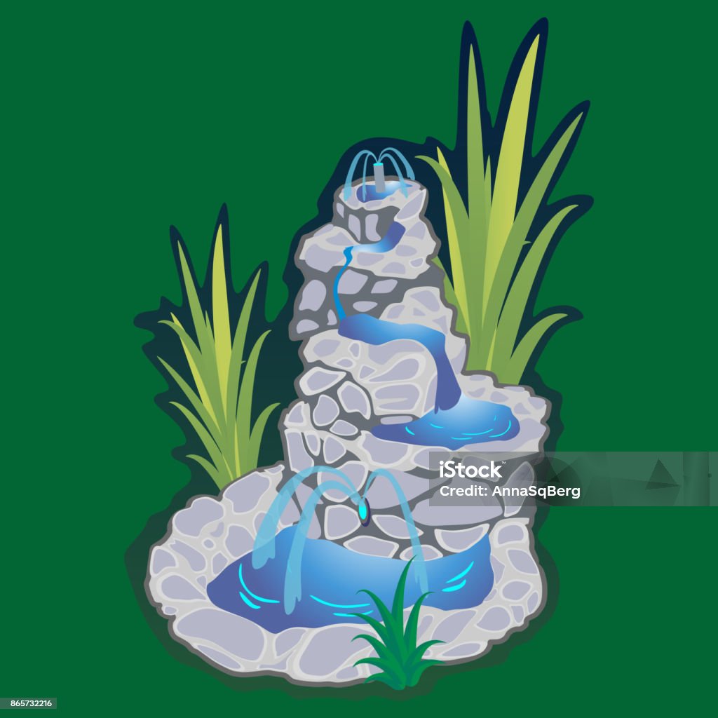 Part from Set of outdoors fountain for gardening, spring and summer plants around garden waterfall, autumn back yard decorative stone statue vector illustration Set of outdoors fountain for gardening, spring and summer plants around garden waterfall, autumn back yard decorative stone statue vector illustration. Landscaped stock vector
