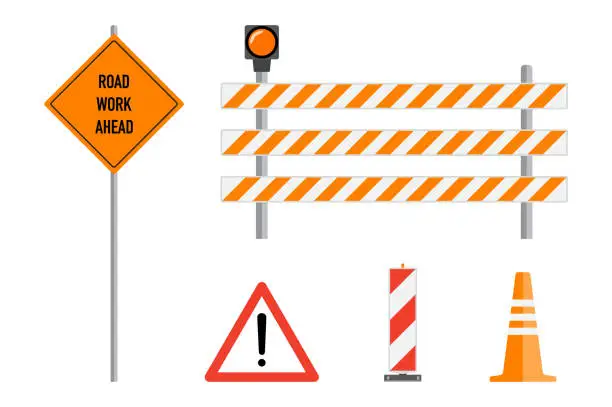 Vector illustration of Road works signs set, flat vector illustration. Work road ahead, orange warning sign, striped warning posts, barricade, traffic cone, cartoon elements set. Traffic caution warning signs concept.