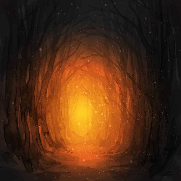 Ghostly forest trail, watercolor illustration. Woodland path. Ghostly forest trail, watercolor illustration. Old trees, enchanted forest, into the woods. Halloween background. Magic lights. background of woodland stock illustrations