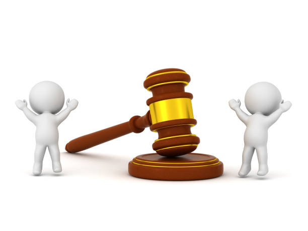 istock Happy 3D Characters with Wood and Gold Gavel Set 865737888