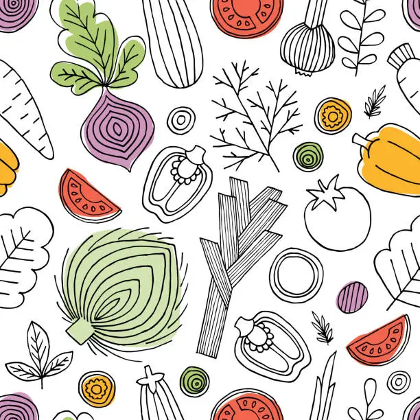 Vector illustration of Minimalist vegetables seamless pattern. Linear graphic. Vegetables background. Scandinavian style. Healthy food. Vector illustration
