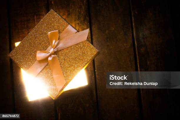 Golden Glowing Box Of Light Stock Photo - Download Image Now - Gift, Mystery, Box - Container