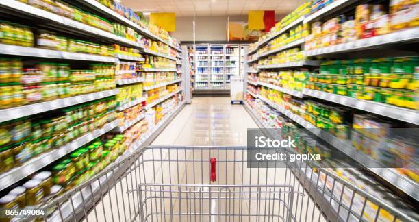 Shopping Carts In The Supermarket Stock Photo - Download Image Now - Supermarket, Shopping Cart, Convenience Food