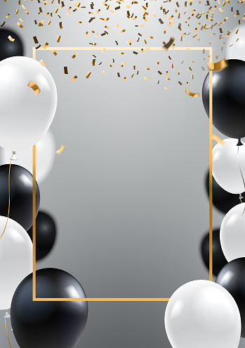 Abstract ceremonial silver background with black and white balloons. Gold frame and falling golden confeti. A4 design concept for grand opening invitation, sale banner, party flyer. Vector eps 10.