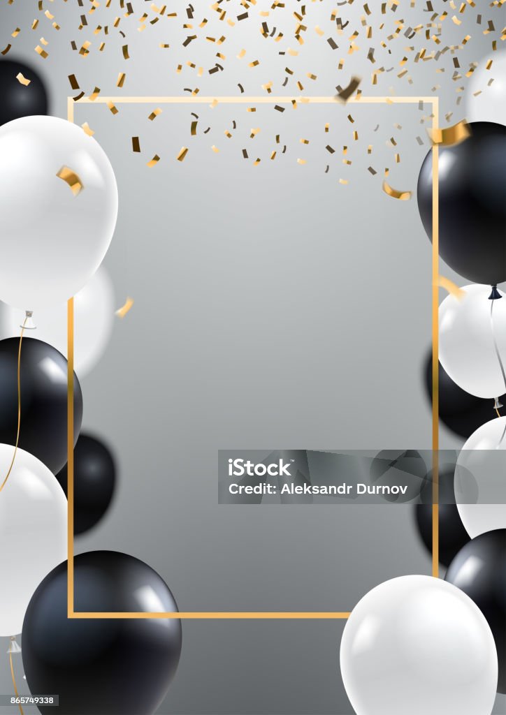 Abstract ceremonial silver background with black and white balloons. Gold frame and falling golden confeti. A4 design concept for grand opening invitation, sale banner, party flyer. Vector eps 10. Invitation stock vector