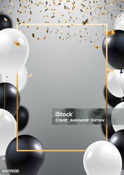 Abstract Ceremonial Silver Background With Black And White Balloons Gold Frame And Falling Golden Confeti A4 Design Concept For Grand Opening Invitation Sale Banner Party Flyer Vector Eps 10 Stock Illustration - Download Image Now