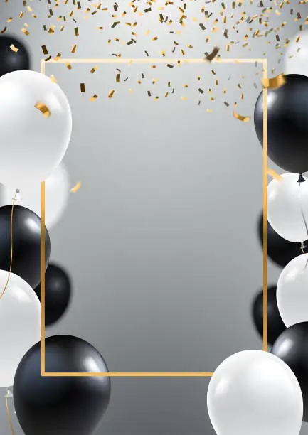 Vector illustration of Abstract ceremonial silver background with black and white balloons. Gold frame and falling golden confeti. A4 design concept for grand opening invitation, sale banner, party flyer. Vector eps 10.