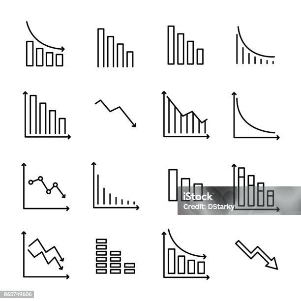 Simple Collection Of Reduction Related Line Icons Stock Illustration - Download Image Now - Moving Down, Icon Symbol, Graph