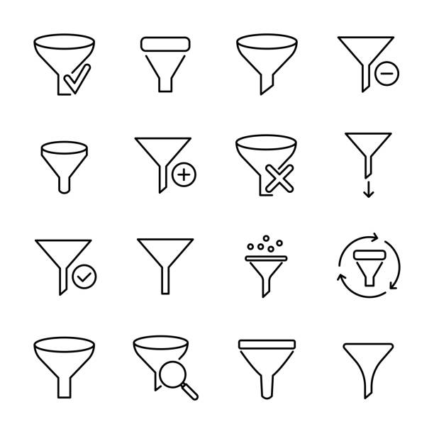 ilustrações de stock, clip art, desenhos animados e ícones de simple set of funnel related outline icons. - efeito de luz