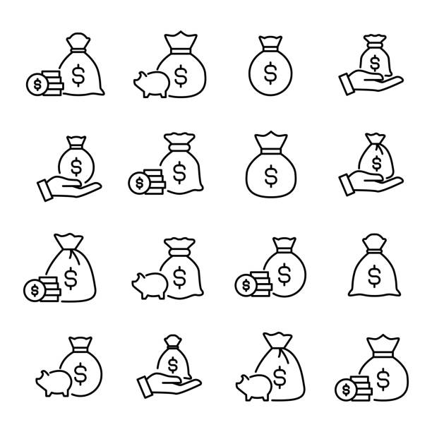 Premium set of moneybag line icons. Premium set of moneybag line icons. Simple pictograms pack. Stroke vector illustration on a white background. Modern outline style icons collection. coin outline stock illustrations