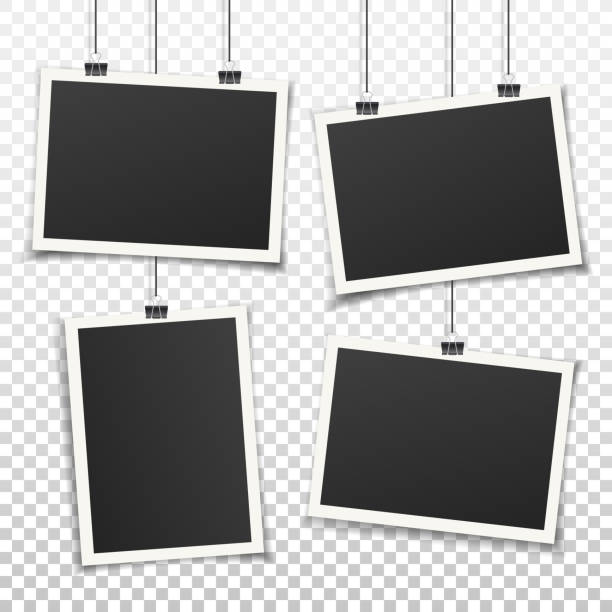 Vintage vector realistic photo frame set. Set of 4 vintage photo frames. Vintage style. Vector illustration. Photorealistic Vector EPS10 mockups. Retro photo frame templates hanging on wall for your photos. hanging photos stock illustrations