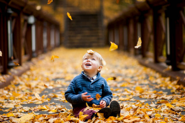joyful child admired  by the fall of foliage in park