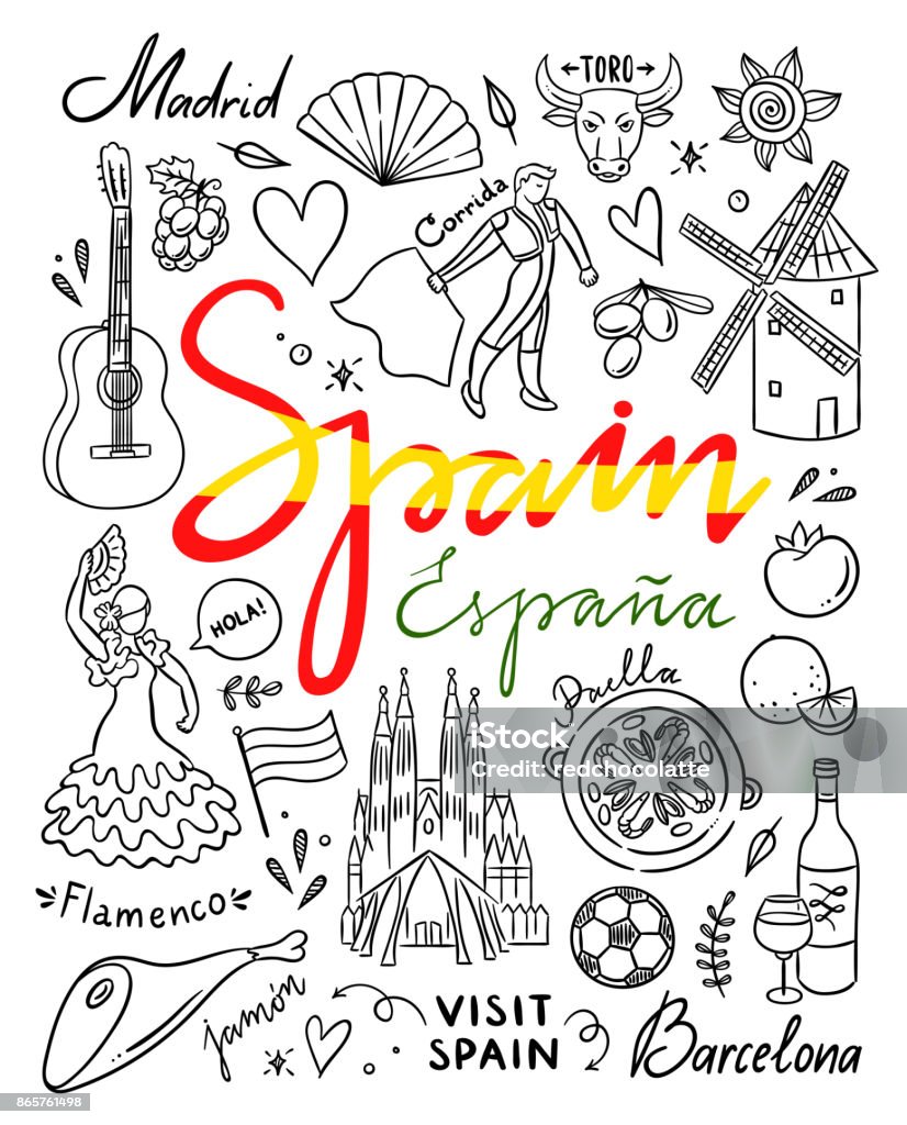 Spain Hand Drawn Illustrations Visit Spain Traveling Vector Doodles