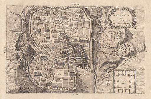 Map of the ancient Jerusalem. Copperplate engraving, published in 1774.