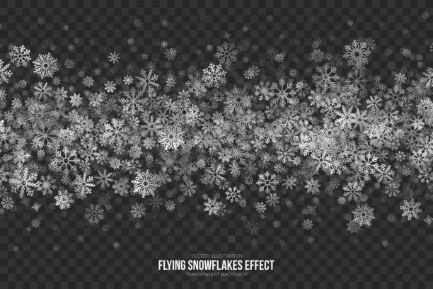 Vector Flying Snowflakes Effect Realistic Vector Winter Silver Shimmer Flying Snowflakes Effect Isolated on Transparent Background. Merry Christmas Holidays Party Abstract 3D Illustration frosted window winter stock illustrations