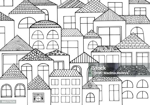 Hand Drawn With Ink Background With A Lot Of Houses Homes With Many Windows Stock Illustration - Download Image Now