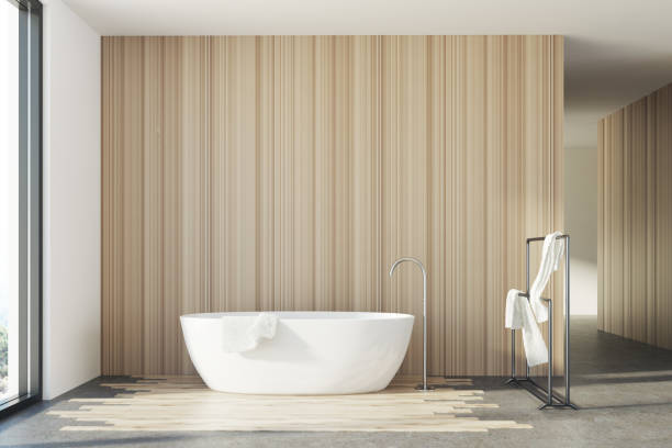 istock Wooden bathroom, white tub 865772406