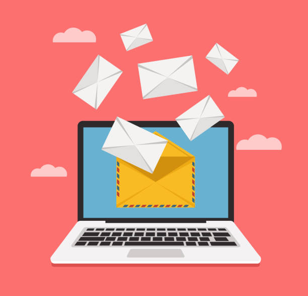 illustrazioni stock, clip art, cartoni animati e icone di tendenza di laptop ottenere busta e-mail su post personale sullo schermo - inbox