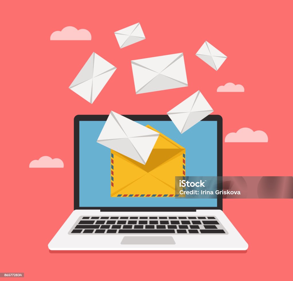 Laptop get email envelope on personal post on screen Laptop get email envelope on personal post on screen. Vector flat cartoon illustration E-Mail stock vector