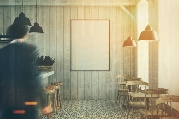 White wooden bar with a diamond floor pattern, white bar stand with a row of black stools near it and wooden tables and chairs. A poster, a man 3d rendering mock up toned image double exposure